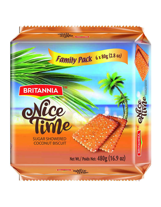 BRITANNIA Nice Time 16.9oz (480g) - Delicious Coconut Biscuit Crunchy - Kids Favorite Breakfast & Tea Time Snacks - Halal and Suitable for Vegetarians (Pack of 1)