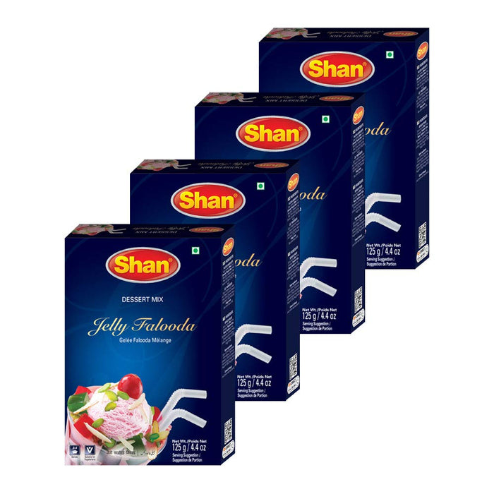 Shan Jelly Falooda Dessert Mix 4.41 oz (125g) - Powder for Ice Cream, Dry Fruit, Jelly and Noodles Milk Shake - Suitable for Vegetarians - Airtight Bag in a Box (Pack of 4)