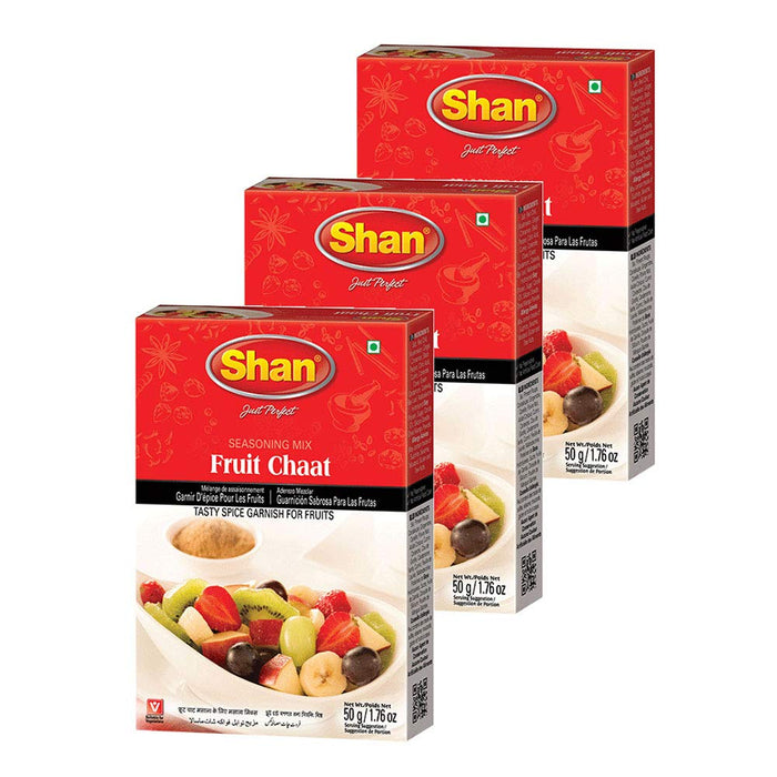 Shan Fruit Chaat Seasoning Mix 1.76 oz (50g) - Spice Powder for Tasty and Spicy Garnish for Fruits Salad - Suitable for Vegetarians - Airtight Bag in a Box (Pack of 3)
