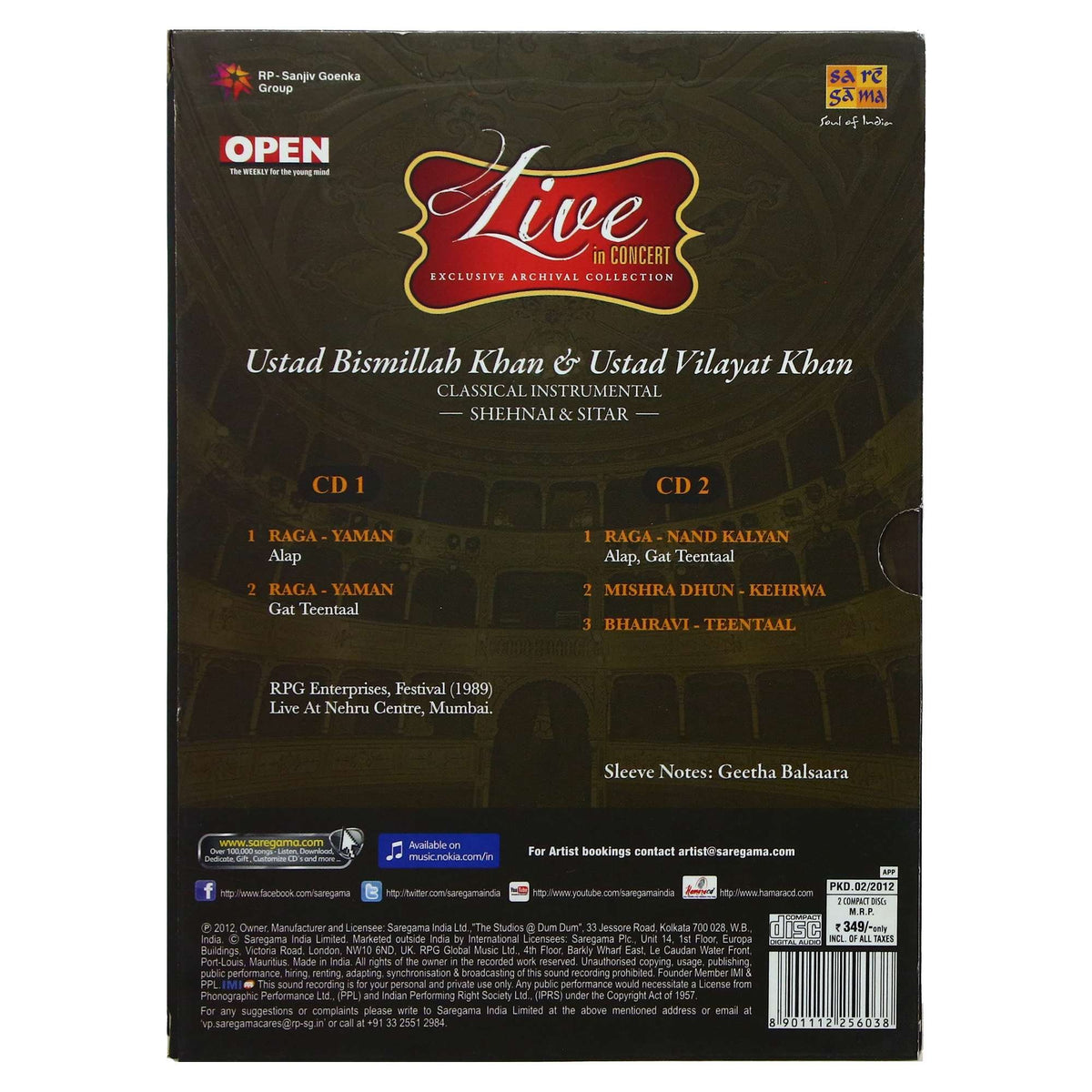 Live In Concert: Ustad Bismillah Khan & Ustad Vilayat Khan (Classical Instrumental): Shehnai and Sitar (Set of 2 Audio CDs) [Audio CD] USTAD BISMILLAH KHAN