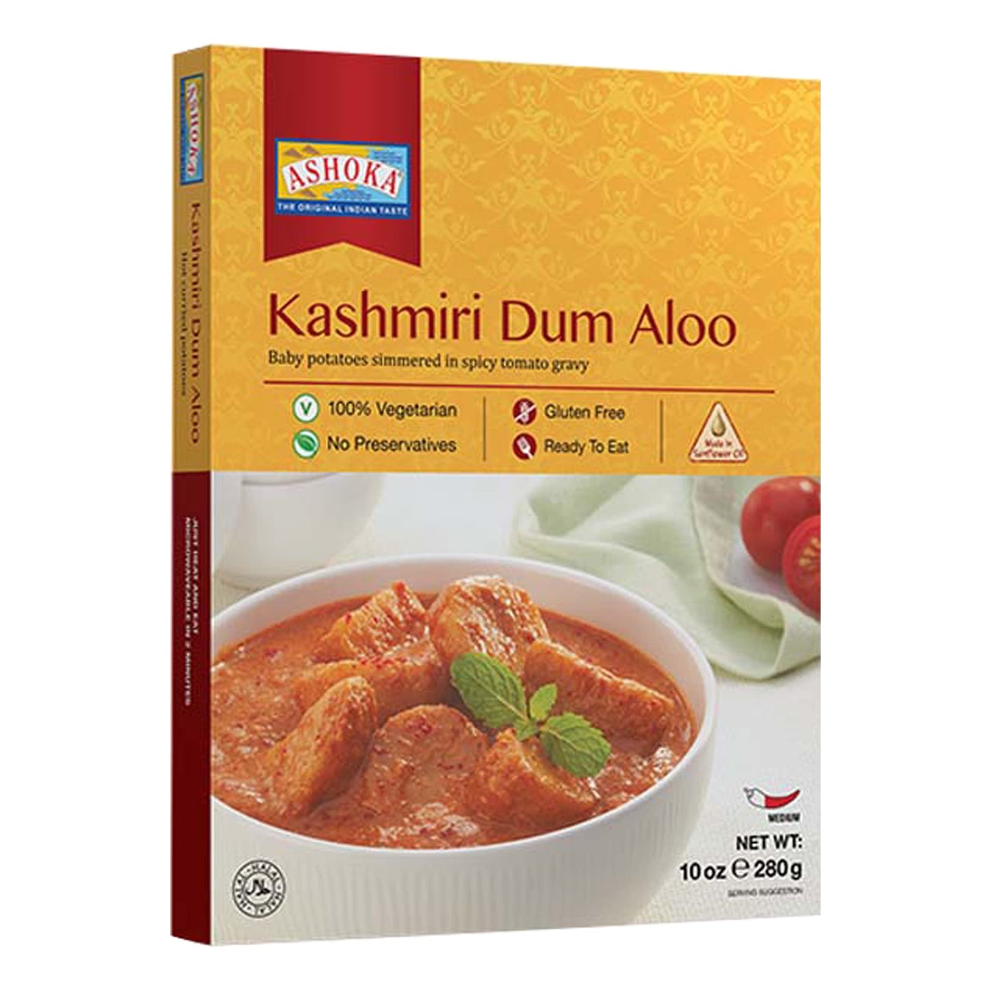 Ashoka 1932 Gluten-Free Meals, Vegetarian Kashmiri Styled Potatoes, All-Natural, Ready to Eat Microwavable Meals, Kashmiri Dum Aloo, Great for Camping, and with No Preservatives, Pack of 1