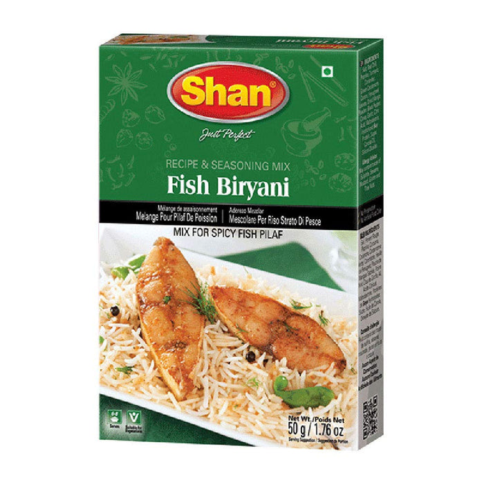 Shan Fish Biryani Recipe and Seasoning Mix 1.76 oz (50g) - Spice Powder for Spicy Fish Layered Pilaf - Suitable for Vegetarians - Airtight Bag in a Box