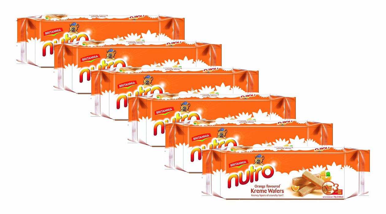 BRITANNIA Nutro Wafers Orange 2.65oz (75g) - Healthy Breakfast & Tea Time Snacks - Orange Flavoured Cream Wafer - Suitable for Vegetarians (Pack of 6)