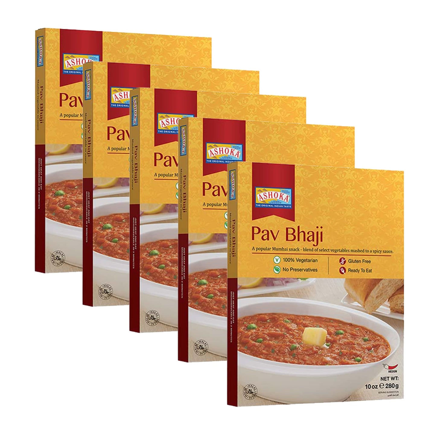 Ashoka Ready to Eat Indian Meals Since 1930, 100% Vegetarian Pav Bhaji, All-Natural Traditionally Cooked Indian Food, Plant-Based, Gluten-Free and with No Preservatives, 10 Ounce (Pack of 5)