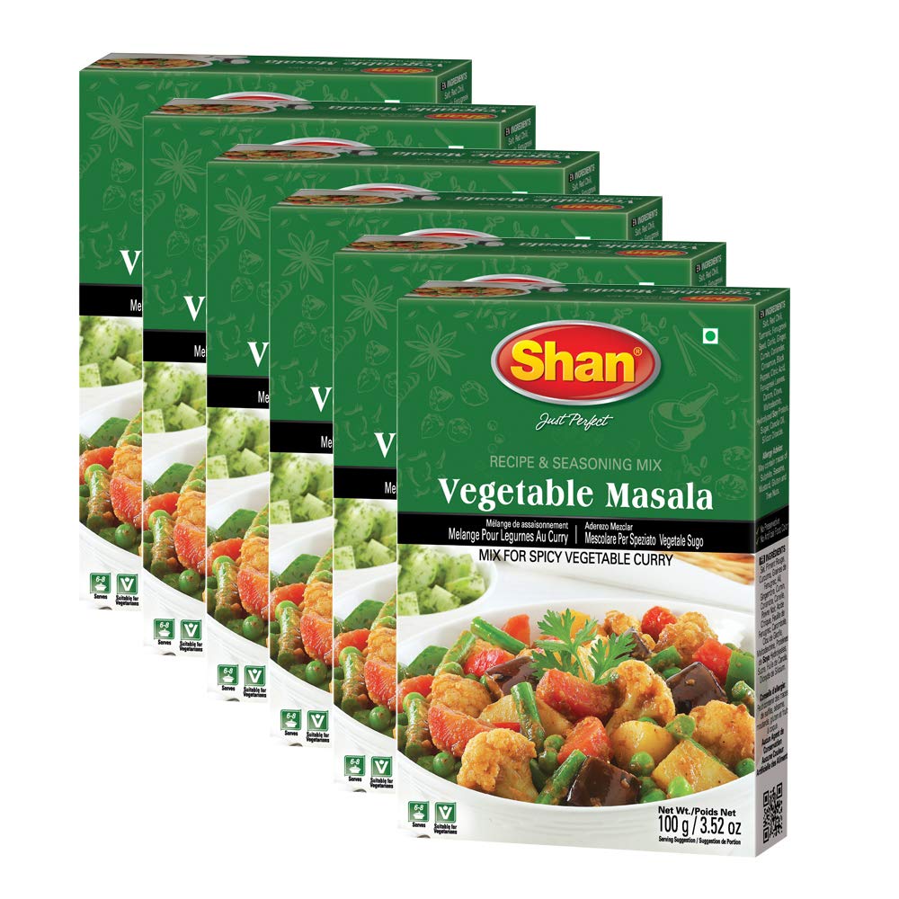 Shan Vegetable Masala Recipe and Seasoning Mix 3.52 oz (100g) - Spice Powder for Spicy Vegetable Curry - Suitable for Vegetarians - Airtight Bag in a Box (Pack of 6)