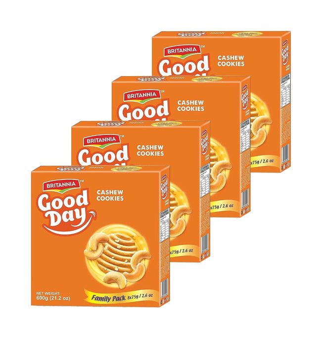 BRITANNIA Good Day Cashew Cookies Family Pack 21.2oz (600g) - Breakfast & Tea Time Snacks - Delicious Grocery Cookies - Halal and Suitable for Vegetarians (Pack of 4)