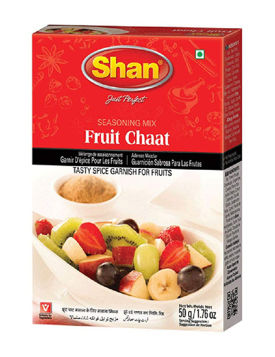 Shan Fruit Chaat Seasoning Mix 1.76 oz (50g) - Spice Powder for Tasty and Spicy Garnish for Fruits Salad - Suitable for Vegetarians - Airtight Bag in a Box (Pack of 24)