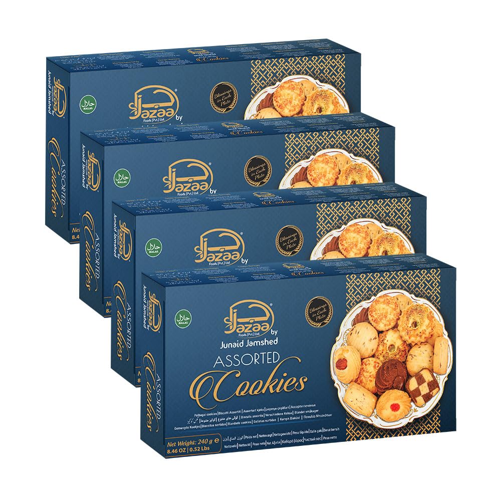 Jazaa Assorted Cookies 240g (8.46oz) | Pack of 4 | Blessings in Each Plate | Halal | Breakfast and Tea Time Snacks | Delightfully Smooth & Delicious