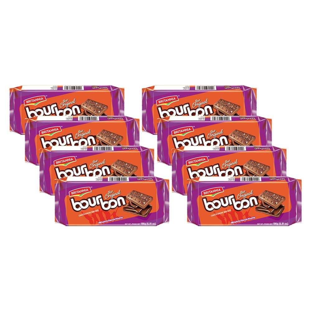BRITANNIA Bourbon The Original - Choco Creme Biscuits 6.91oz (196g) - Smooth Chocolate Cream Biscuits for Breakfast & Snacks - Topped with Sugar Crystals (Pack of 8)