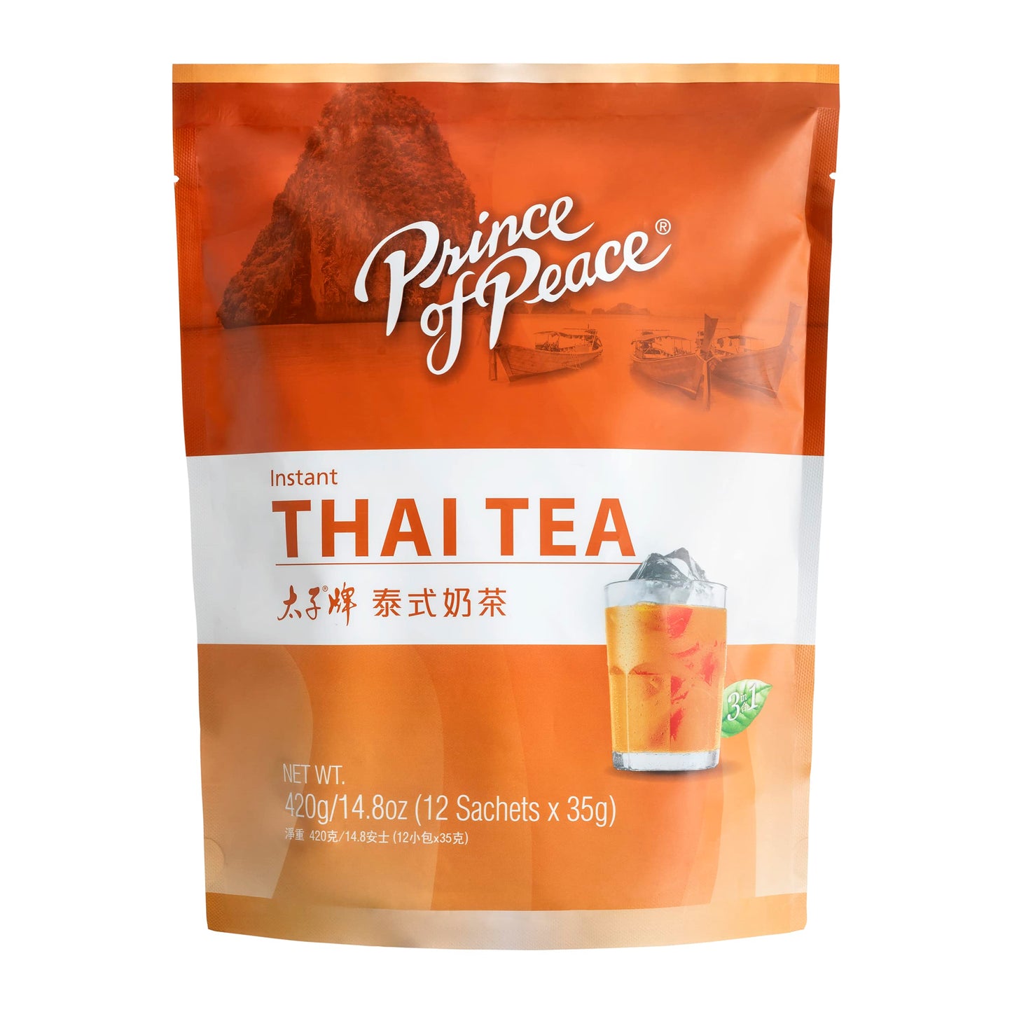 Prince of Peace 3 in 1 Instant Thai Tea Beverage, 12 Sachets Instant Hot or Cold Beverage Made with Authentic Thai Tea Recipe, Rich and Creamy Taste