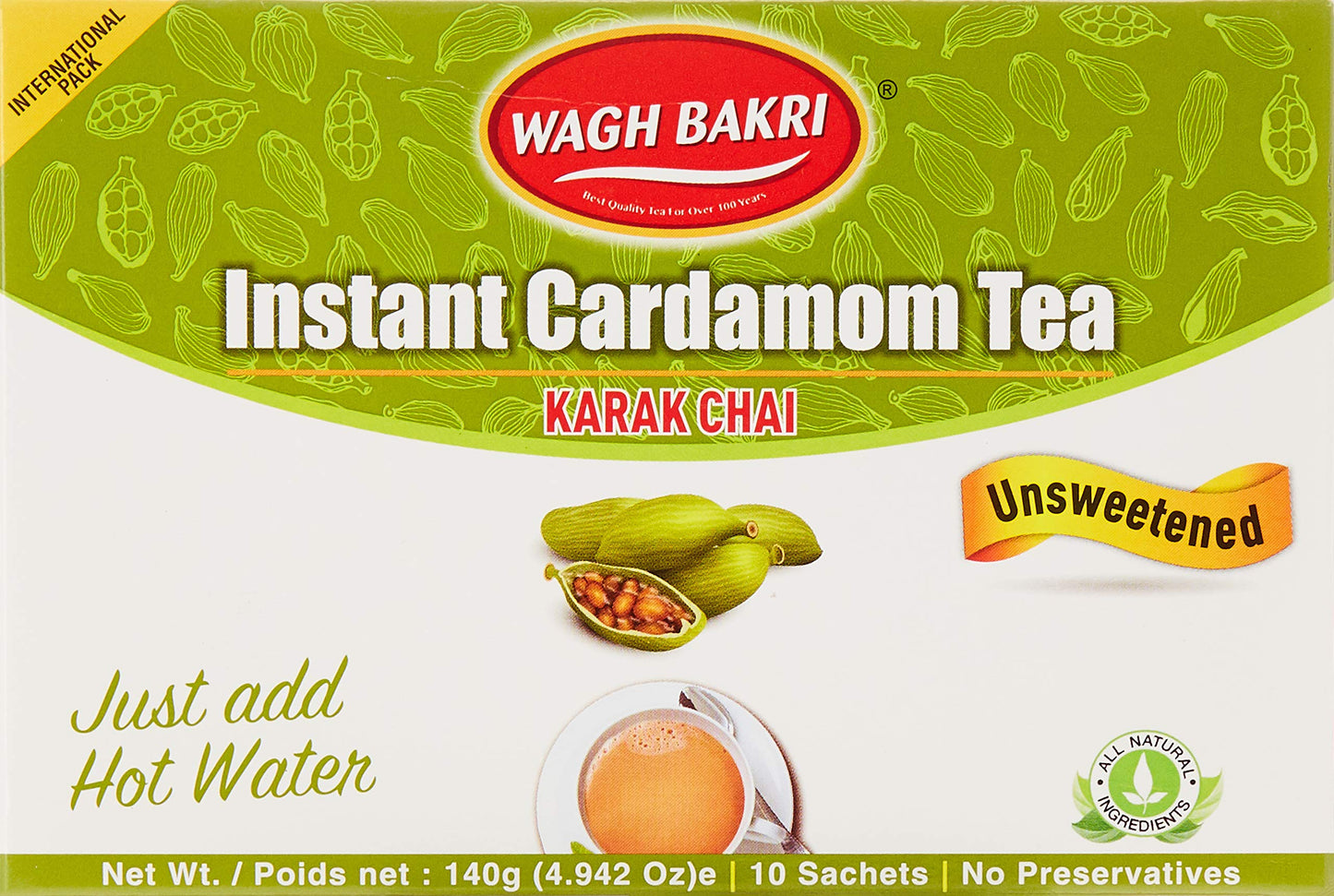 Wagh Bakri Instant Cardamom tea UNSWEETENED 10 sachets