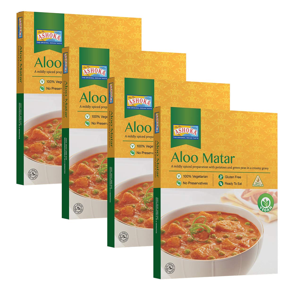 Ashoka Ready to Eat Indian Meals Since 1930, 100% Vegan Aloo Matar, All-Natural Traditionally Cooked Indian Food, Plant-Based, Gluten-Free and with No Preservatives, 10 Ounce