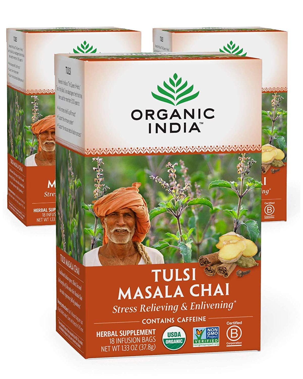 Organic India Tulsi Masala Chai Herbal Tea - Holy Basil, Stress Relieving & Enlivening, Immune Support, Vegan, USDA Certified Organic, Black Tea, Antioxidant, Caffeinated - 18 Infusion Bags, 3 Pack