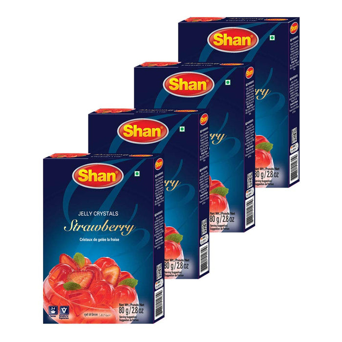 Shan Jelly Crystals Strawberry 2.82 oz (80g) - Cristaux De Gelee la Fraise - Quick and Easy Jello - Suitable for Vegetarians - Airtight Bag in a Box (Pack of 4)