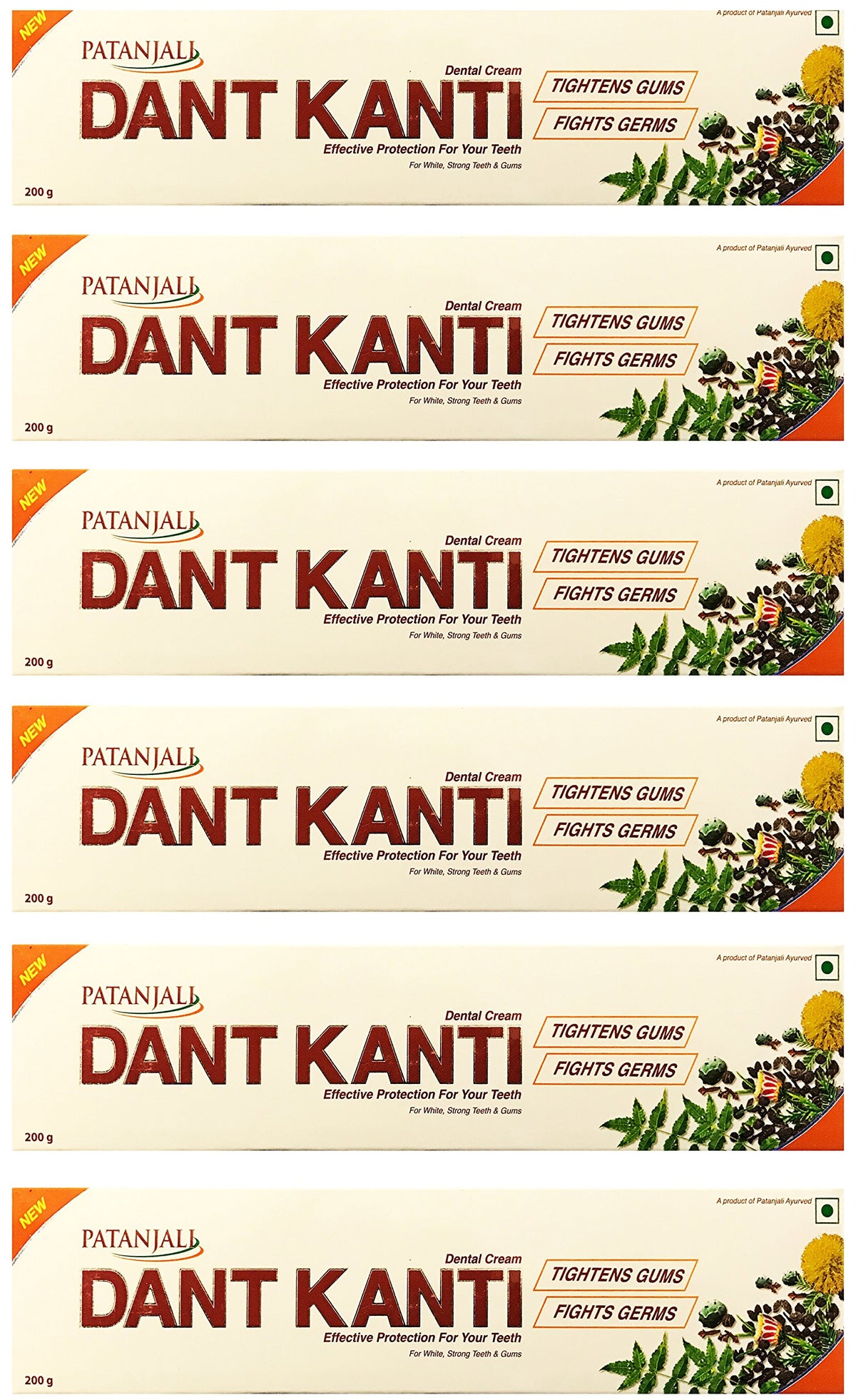 Patanjali Dant Kanti Toothpaste 200 Grams (7 Ounces) Pack of 6 - Bath & Shower