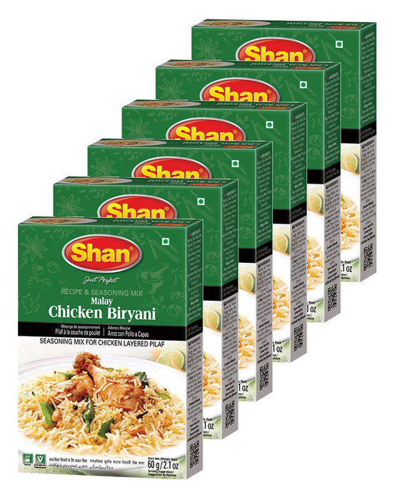 Shan Malay Chicken Biryani Recipe and Seasoning Mix 2.11 oz (60g) - Spice Powder for Chicken Layered Pilaf - Suitable for Vegetarians - Airtight Bag in a Box (Pack of 6)