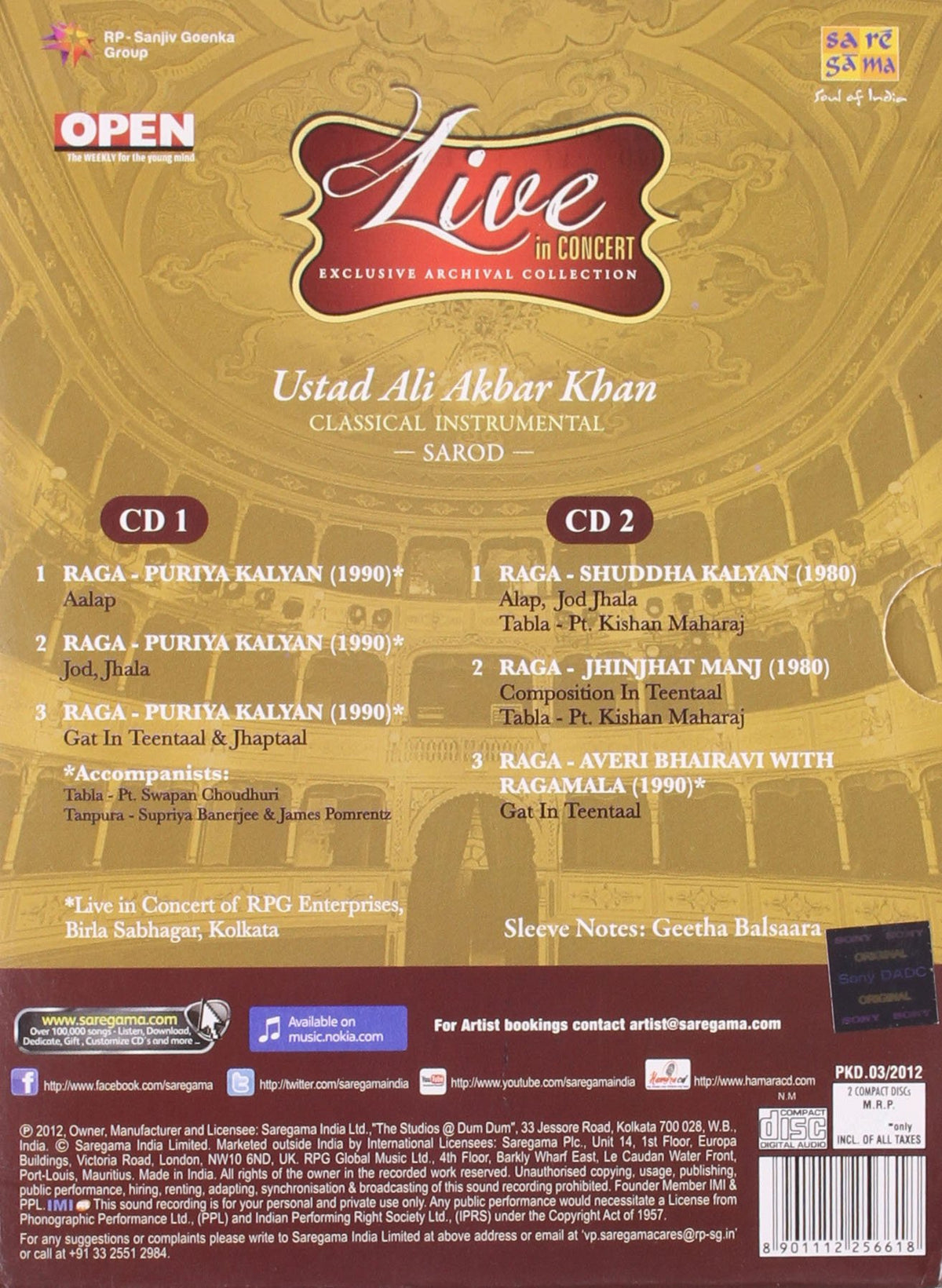 Live In Concert - Ustad Ali Akbar Khan (Exclusive Archival Collection / Hindustani Classical Instrumental / Sarod / 2-CD Set) [Audio CD]