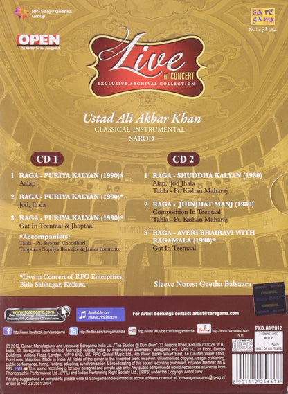 Live In Concert - Ustad Ali Akbar Khan (Exclusive Archival Collection / Hindustani Classical Instrumental / Sarod / 2-CD Set) [Audio CD]