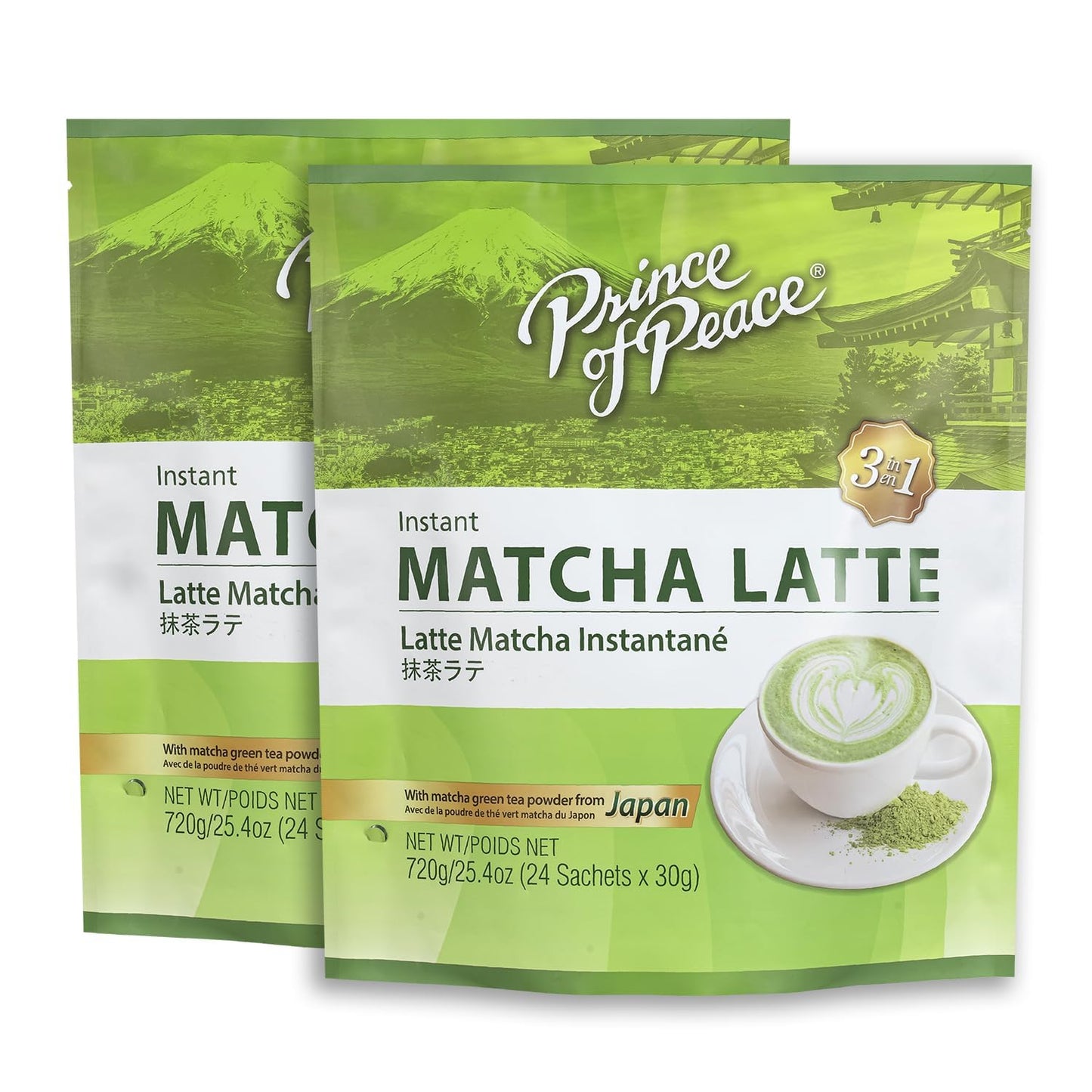 Prince of Peace 3 in 1 Matcha Latte Instant Beverage, 24 Sachets Made with Matcha Powder from Japan - Instant Hot or Cold Beverage Rich and Creamy Taste (Pack of 2)