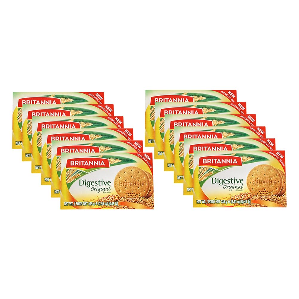 BRITANNIA Digestive Original Biscuits 7.93oz (225g) - Whole Wheat Flavor Cookies - Breakfast & Tea Time Healthy Snacks - Suitable for Vegetarians (Pack of 12)
