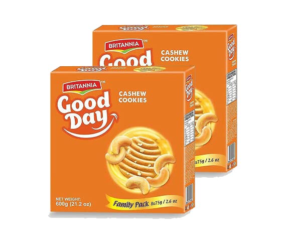 BRITANNIA Good Day Cashew Cookies Family Pack 21.2oz (600g) - Breakfast & Tea Time Snacks - Delicious Grocery Cookies - Halal and Suitable for Vegetarians (Pack of 2)