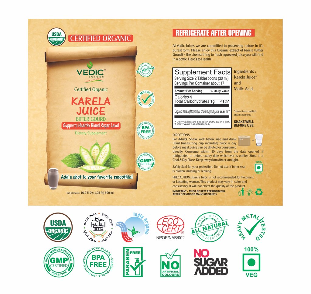 Vedic Organic Karela Juice (Bitter Melon/Bitter Gourd) | Supports Healthy Blood Sugar Level 500ml