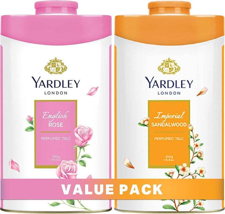 Yardley London Floral Talcum Powder, long lasting fragrance, sweat free, all day pleasant smell, 250gm x2 (English Rose, Imperial Sandalwood)