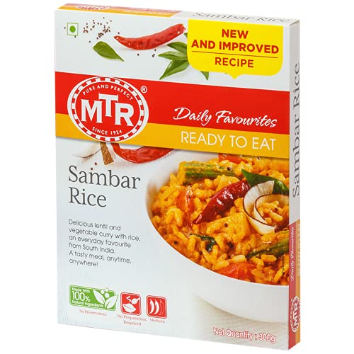MTR Ready to Eat Just Heat and Eat | No Preparation | No additives | Gluten Free | Pack of 5 | Sambar Rice 300gms
