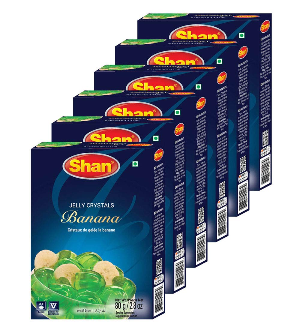 Shan Jelly Crystals Banana 2.8 oz (80g) - Cristaux De Gelee Banane - Quick and Easy Jello - Suitable for Vegetarians - Airtight Bag in a Box (Pack of 6)