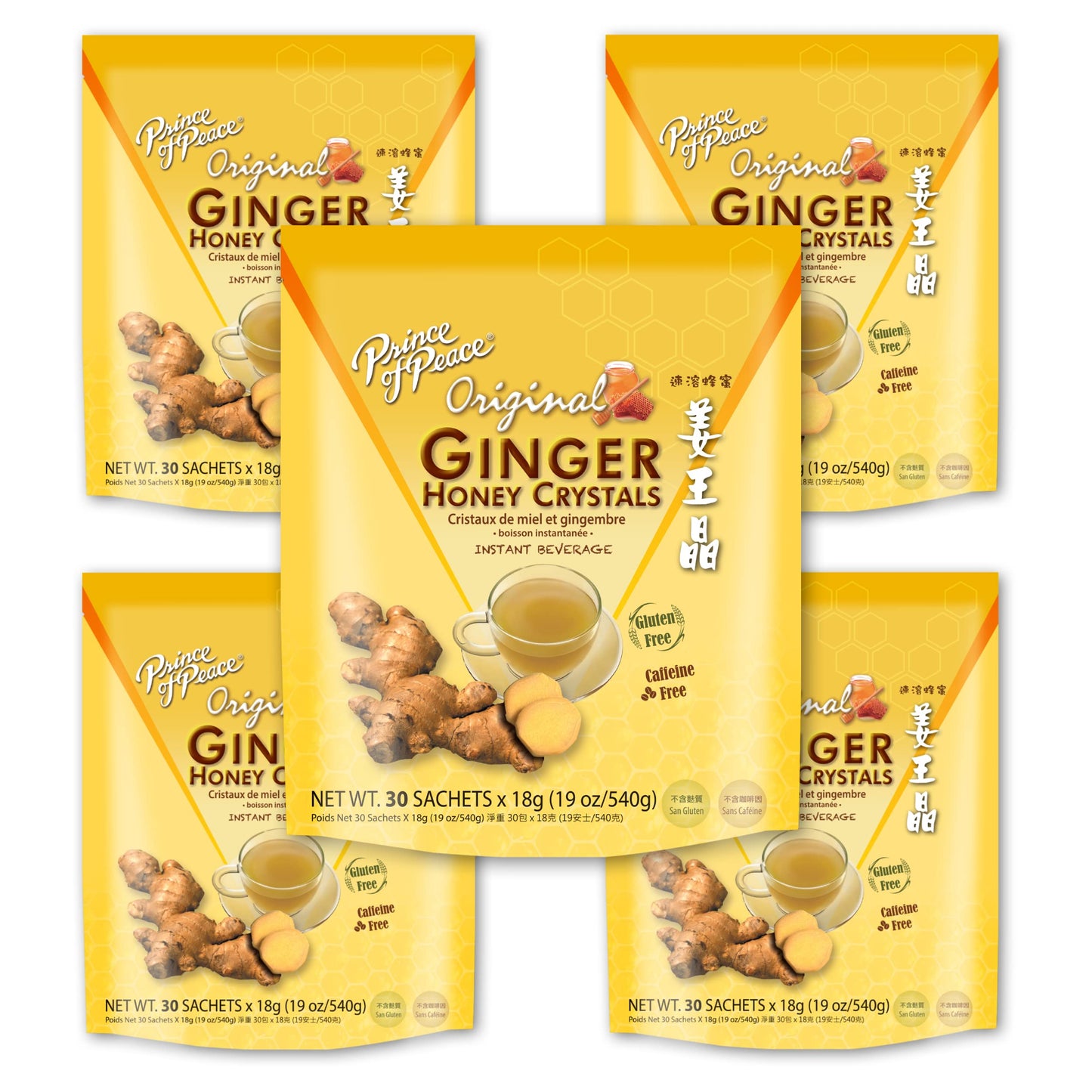 Prince of Peace Instant Ginger Honey Crystals, 5 Packs of 30 Sachets Instant Hot or Cold Beverage Easy to Brew Ginger and Honey Crystals