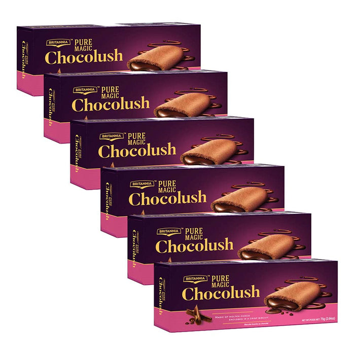 Britannia Pure Magic Chocolush Biscuits 2.64oz (75g) - Biscuits fourrs au chocolat - Magic of Molten Choco - Halal and Suitable for Vegetarian (Pack of 6)