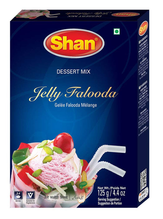 Shan Jelly Falooda Dessert Mix 4.4 oz (125g) - Powder for Ice Cream, Dry Fruit, Jelly and Noodles Milk Shake - Suitable for Vegetarians - Airtight Bag in a Box (Pack of 24)