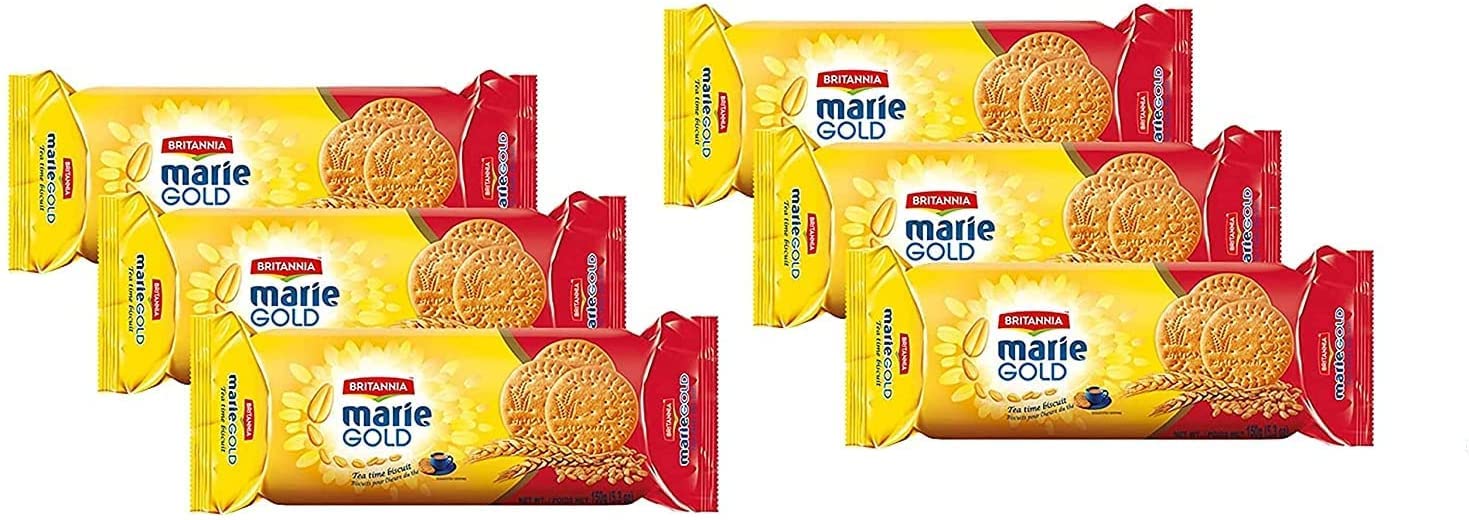 BRITANNIA Marie Gold Cookies 5.3oz (150g) - Biscuits Pour l'heure du th - Crispy Tea Time Snack - Delicious Grocery Cookies - Suitable for Vegetarians (Pack of 6)