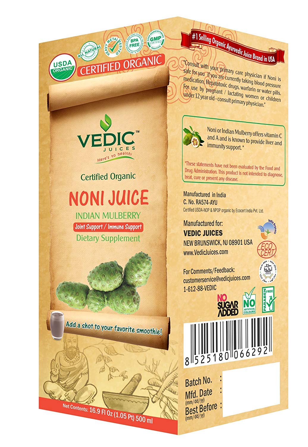 Vedic Organic Noni Juice | Joint Support and Immune Support 500ml