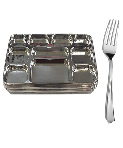 Disposable Plates 10 Compartment Silver Thali Plates Trays - For Indian Puja, Partys, Weddings