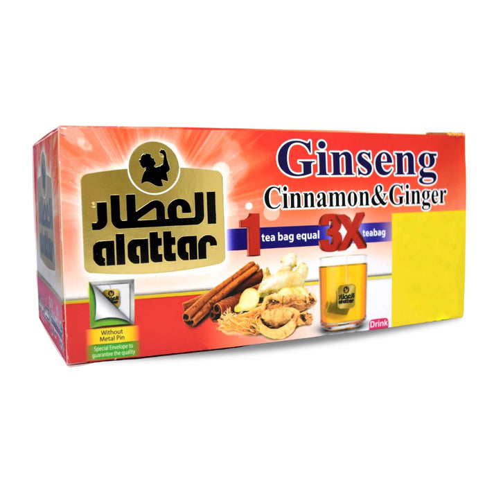 AlAttar Natural Drink Ginseng Cinnamon & Ginger Herbal Tea Bags Herb Herbs Non Gmo No Caffeine No Additives No Artificial Coloring Kosher Halal (20 Bag)