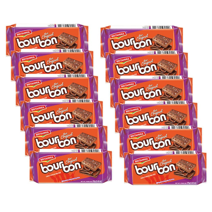 Britannia Bourbon the Original - Choco Creme Biscuits 3.42oz (97g) - Smooth Chocolate Cream Biscuits for Breakfast & Snacks - Topped with Sugar Crystals (Pack of 12)