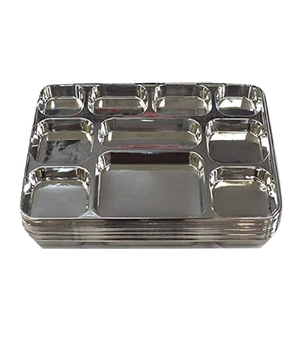 Disposable Plates 10 Compartment Silver Thali Plates Trays - For Indian Puja, Partys, Weddings