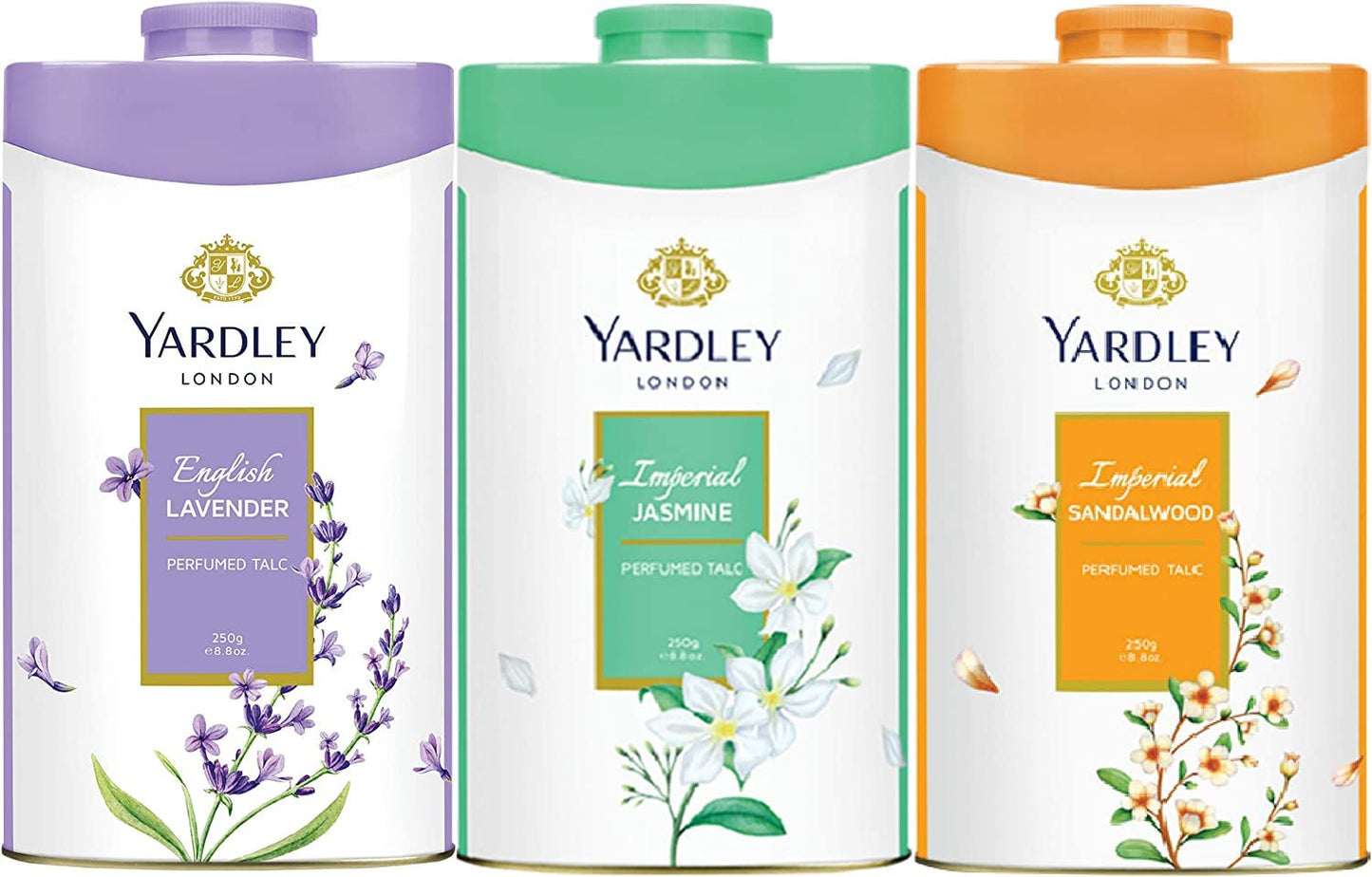 Yardley London Floral Talcum Powder, long lasting fragrance, sweat free, all day pleasant smell, 250gm x 3 (Lavender, Jasmine, Sandalwood)