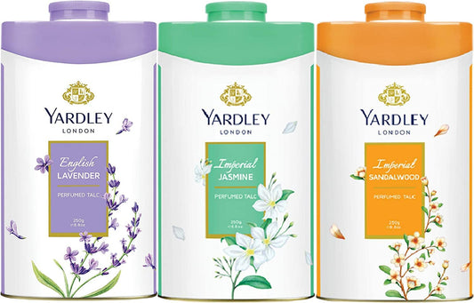 Yardley London Floral Talcum Powder, long lasting fragrance, sweat free, all day pleasant smell, 250gm x 3 (Lavender, Jasmine, Sandalwood)