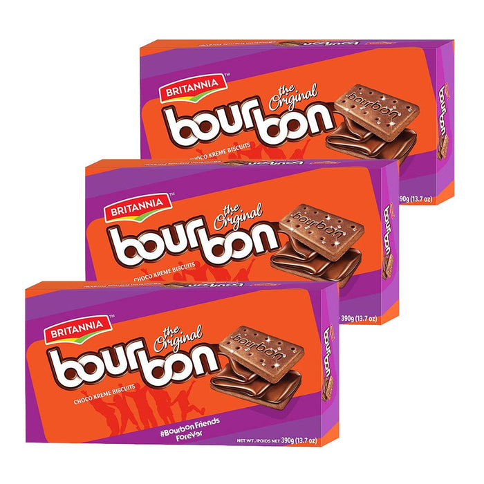 Britannia Bourbon the Original - Choco Creme Biscuits 13.7oz (390g) - Smooth Chocolate Cream Biscuits for Breakfast & Snacks - Topped with Sugar Crystals (Pack of 3)