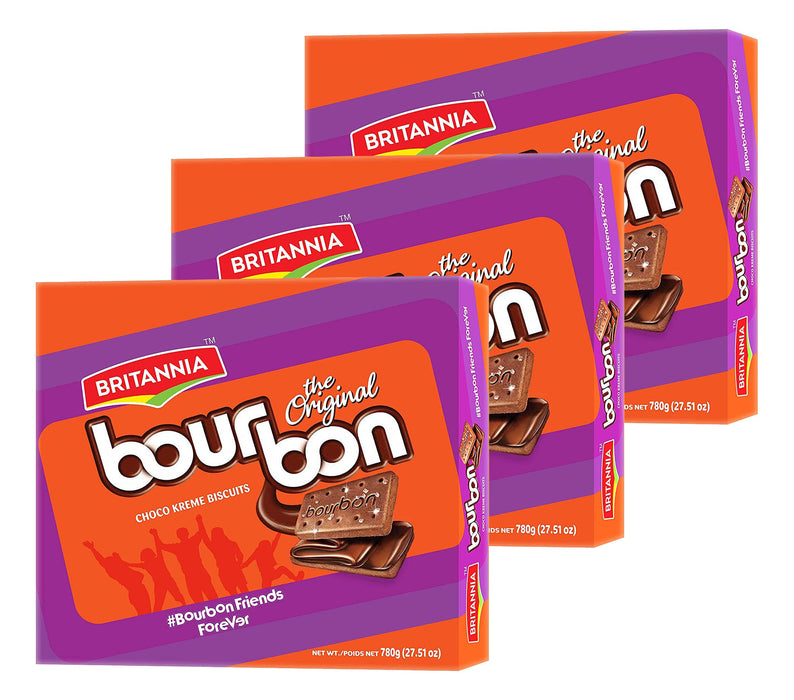 BRITANNIA Bourbon the Original - Choco Creme Biscuits 27.51oz (780g) - Smooth Chocolate Cream Biscuits for Breakfast & Snacks - Topped with Sugar Crystals (Pack of 3)