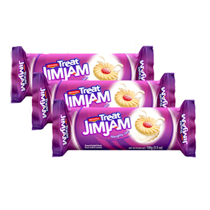 Britannia Treat Naughty Jim Jam Sandwich Biscuits 3.52oz (100g) - Breakfast & Tea Time Snacks - Delicious Grocery Cookies - Suitable for Vegetarians (Pack of 3)