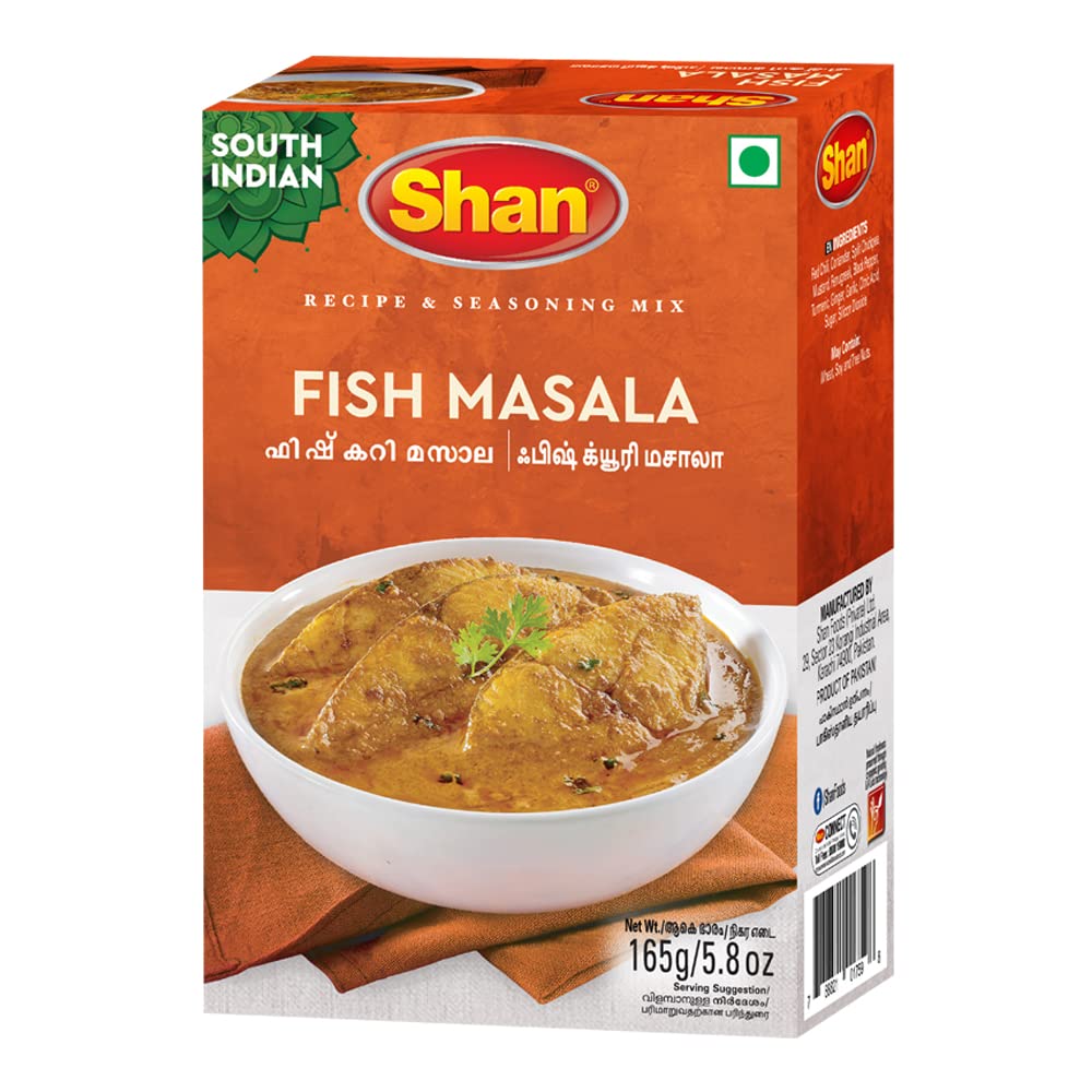 Shan Fish Masala Recipe & Seasoning Mix 165g (5.78oz) Pack of 1 - Spices Blend for South Indian Curry - Suitable for Vegetarians - Airtight Bag in a Box