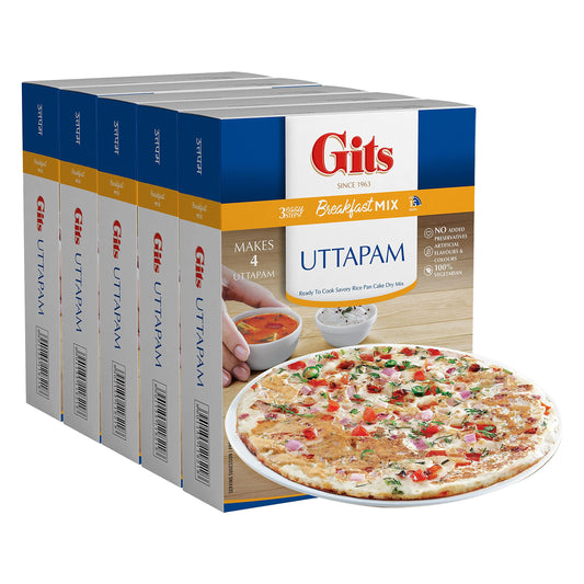 Gits Uttapam mix 87.5 Oz (Pack of 5X17.5 Oz each) Ready to Cook Indian Breakfast, Snack Meal | 100% Vegetarian, Easy Recipe, No Artificial Colors, Flavors, Preservatives. Vegan