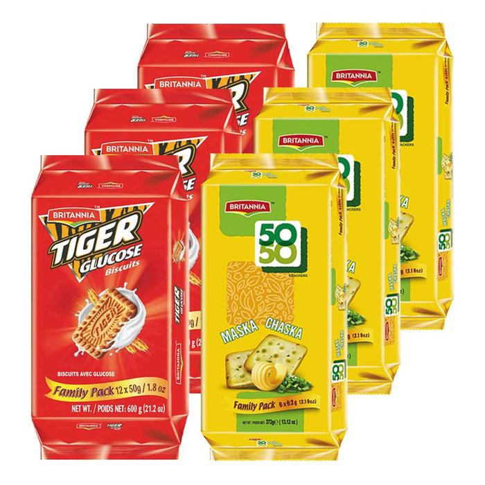 BRITANNIA Crackers 50 50 Maska Chaska Biscuit 13.12oz (372g) & Tiger Glucose Biscuits Family Pack 21.2oz (600g) - 3 Each (Pack of 6)