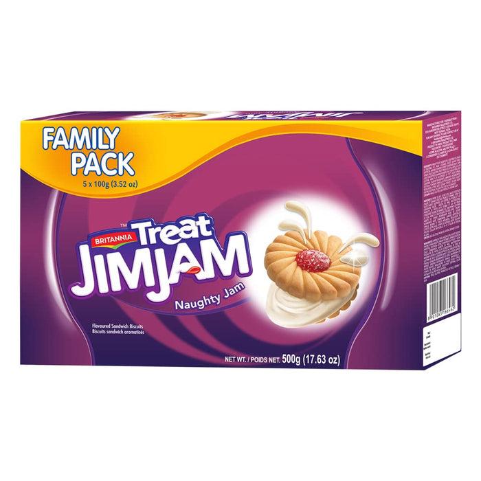 Britannia Treat Naughty Jim Jam Sandwich Biscuits 17.62oz (500g) - Breakfast & Tea Time Snacks - Delicious Grocery Cookies - Suitable for Vegetarians (Pack of 1)