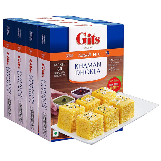 Gits Instant Khaman Dhokla Snack Mix, Makes 60 per Pack, Pure Veg, Indian Snack Mix, 2000g (Pack of 4, 500g Each)