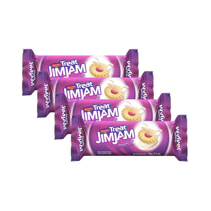 Britannia Treat Naughty Jim Jam Sandwich Biscuits 3.52oz (100g) - Breakfast & Tea Time Snacks - Delicious Grocery Cookies - Suitable for Vegetarians (Pack of 4)