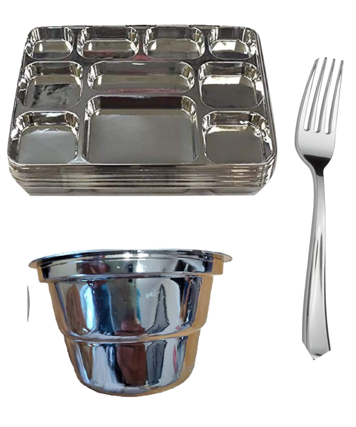 Disposable Plates 10 Compartment Silver Thali Plates Trays - For Indian Puja, Partys, Weddings